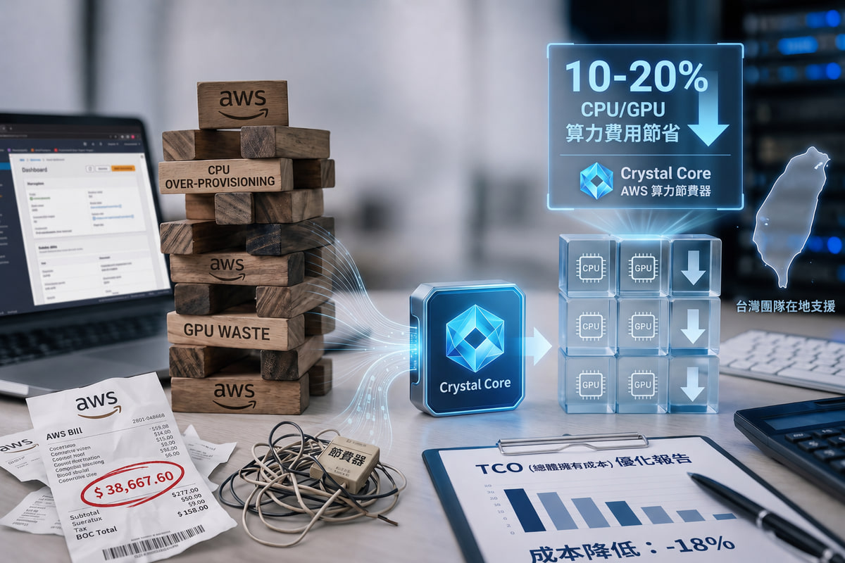 桌上的筆電顯示雲端帳單趨勢圖,旁邊是紙本試算表與計算機