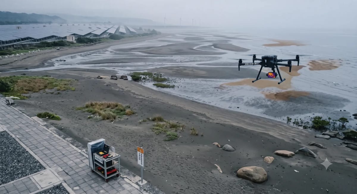 無人機沿海岸線執行定期巡檢,左側為太陽能光電案場