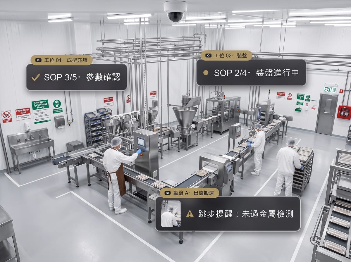 食品廠產線俯視,畫面疊上各工位的 SOP 進度與跳步提醒標示